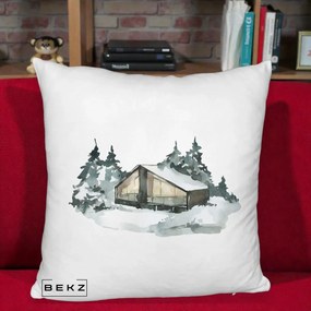 Perna Decorativa Cabana de Iarna in Padure, 40x40 cm, Alb Pufos, Husa Detasabila, Perna Inclusa, BEKZ®