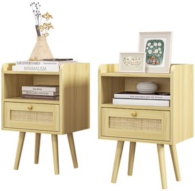 HOMCOM Set de 2 noptiere cu sertar efect răchită și spațiu deschis, 40 x 30 x 60 cm, efect lemn natural | Aosom Romania