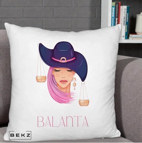 Perna Personalizata Zodiac Balanta Cowgirl, 40x40 cm, Alb Pufos, Husa Detasabila, Perna Inclusa, BEKZ®