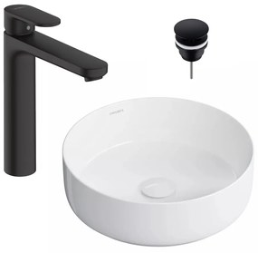 Pachet lavoar pe blat Omnires Tulsa alb 36 cm, baterie lavoar Hansgrohe Vernis Blend negru si ventil lavoar Click-Clack D negru