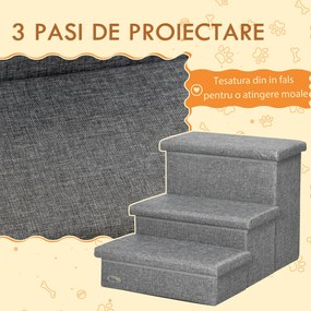 PawHut Scara pentru Caini si Pisici max 5kg cu 3 Trepte cu Spatiu Interior, din Tesatura Efect In si MDF, 63.5x42.5x40.5 cm, Gri Deschis