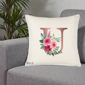 Cadou Personalizat - Perna Personalizata Monograma Rose Gold Litera U, 40x40 cm, Crem Reliefat, Husa Detasabila, Perna Inclusa, BEKZ®