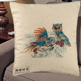 Perna Decorativa Bufnite de Iarna Albastre, 40x40 cm, Bej, Husa Detasabila, Perna Inclusa, BEKZ®