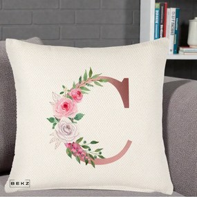 Cadou Personalizat - Perna Personalizata Monograma Rose Gold Litera C, 40x40 cm, Crem Reliefat, Husa Detasabila, Perna Inclusa, BEKZ®
