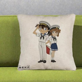 Perna Personalizata Detective Conan Conan si Ai Sailor, 40x40 cm, Bej Canapea, Husa Detasabila, Perna Inclusa, BEKZ®