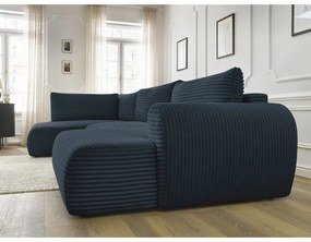 Colțar albastru închis extensibil/cu spațiu de depozitare cu tapițerie din catifea reiată (cu colț pe partea stângă/în formă de "U") Lucien – Bobochic Paris