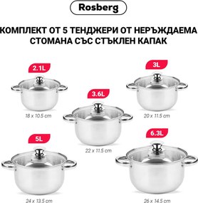 La mâna a doua: Set oale Rosberg R51210O10, 10 piese, 2.1-6.3 L, Otel inoxidabil, Argintiu