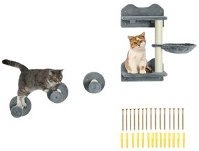 PawHut Trepte de Cățărat, Perete de Cățărat, Scară de Pisici, Set de 4 Piese, cu Copaci de Zgâriat, Hamacă, gri+crem, 40 x 28 x 73 cm | Aosom Romania