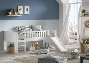 Pat semi-supraetajat pentru copii SCOTT, alb, 90 x 200 cm, H 85 cm, din materiale de calitate, cu tobogan, opțional cu sertare pentru depozitare –