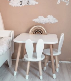 Set masuta patrata alba si 2 scaunele iepuras albe