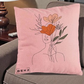 Perna Decorativa Portret Feminin Coroana Florala, 40x40 cm, Roz, Husa Detasabila, Perna Inclusa, BEKZ®