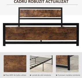 HOMCOM Cadru Pat Matrimonial din Lemn si Otel 160x200cm, Sipci Integrate si Tetiera in Stil Industrial, Negru Maro Rustic