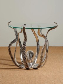 Măsuță laterală sculptată rotundă din aluminiu și sticlă, argintiu, cu bază în formă de caracatiță, 53 x 53 cm, „Octopus”
