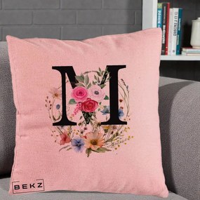 Cadou Personalizat - Perna Personalizata Monogram Litera M cu Flori Acuarela, 40x40 cm, Roz, Husa Detasabila, Perna Inclusa, BEKZ®