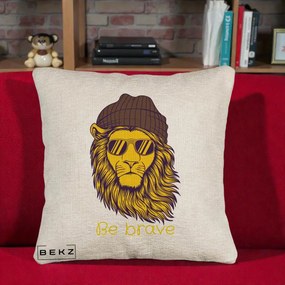Perna Decorativa Leu Hipster Be Brave, 40x40 cm, Bej Canapea, Husa Detasabila, Perna Inclusa, BEKZ®