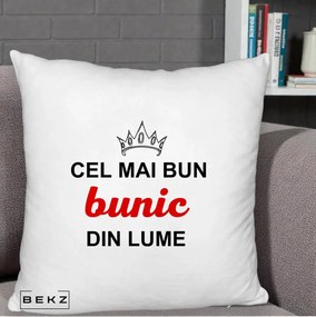 Cadou pentru Bunic - Perna Personalizata Cel Mai Bun Bunic Din Lume Coroana Rosu, 40x40 cm, Alb Pufos, Husa Detasabila, Perna Inclusa, BEKZ®