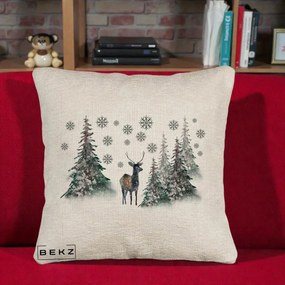 Perna Decorativa Ren in Padure Inzapezita, 40x40 cm, Bej Canapea, Husa Detasabila, Perna Inclusa, BEKZ®