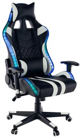 Scaun gaming, lumini led cu telecomanda, cu tetiera, piele eco negru alb, Bortis Impex