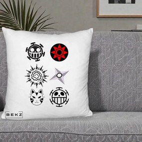 Perna Personalizata Simboluri Anime Mix - Naruto One Piece, 40x40 cm, Alb Pufos, Husa Detasabila, Perna Inclusa, BEKZ®