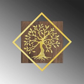 Decoratiune perete TREE V2, nuc/auriu, lemn/metal, 54x54 cm
