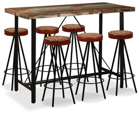 vidaXL Set bar, 7 piese, lemn masiv reciclat, piele naturală și pânză