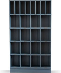 Bibliotecă living albastră și gri din lemn de pin, cu 5 rafturi și 24 de compartimente, 209 x 120 x 33 cm, „Poste”