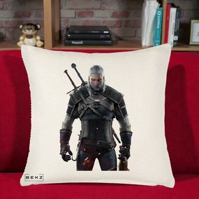 Perna Personalizata The Witcher Geralt of Rivia Portret, 40x40 cm, Crem Reliefat, Husa Detasabila, Perna Inclusa, BEKZ®