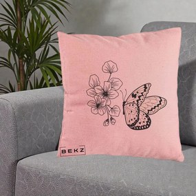 Perna Decorativa Fluture si Flori Linie Monocroma, 40x40 cm, Roz, Husa Detasabila, Perna Inclusa, BEKZ®