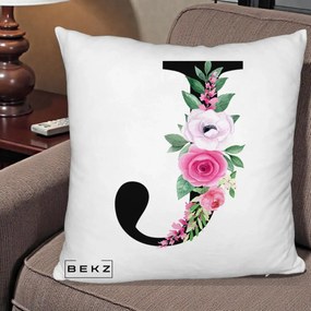 Cadou Personalizat - Perna Personalizata Monograma Florala Litera J, 40x40 cm, Alb Pufos, Husa Detasabila, Perna Inclusa, BEKZ®