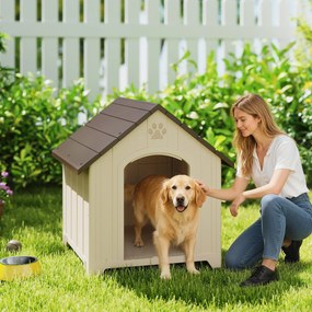 PawHut Căsuță pentru câini de talie medie și mare, ridicată, cu acoperiș înclinat, guri de aerisire și cuie, căsuță din PP, 88x78x89 cm, Bej și Maro Închis | Aosom Romania