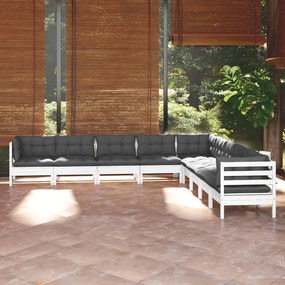 Set mobilier de gradina cu perne, 9 piese, alb, lemn masiv pin Alb, 9