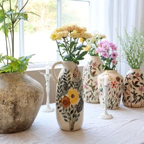 Carafă decorativă din ceramică cu motiv floral, H36/D16 cm, crem