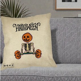 Perna Decorativa Halloween Schelet cu Cap de Dovleac Powerlifting, 40x40 cm, Crem, Husa Detasabila, Perna Inclusa, BEKZ®