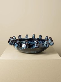 Bol decorativ din ceramică cu pești sculptați în relief, albastru, 10,5 × 42 cm, „Ecume"