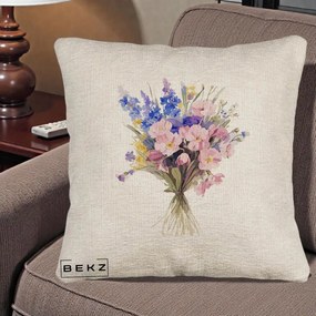 Perna Decorativa Buchet Floral Acuarela Primavara, 40x40 cm, Bej Canapea, Husa Detasabila, Perna Inclusa, BEKZ®