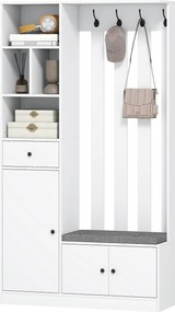 HOMCOM Dulap pentru hol 180 cm cu suport pentru haine, bancă pentru încălțăminte, 4 cârlige, polițe deschise, MDF, Alb | Aosom Romania