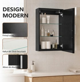 HOMCOM Dulap de baie de perete din lemn cu 3 rafturi reglabile din sticlă pe 3 niveluri, 40x15x55 cm, negru | Aosom Romania