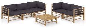 Set mobilier de gradina, 6 piese, perne gri inchis, bambus Morke gra, 4x colt + mijloc + masa, 1