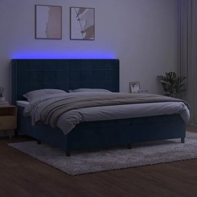 Pat cu arcuri, saltea si LED, bleumarin, 200x200 cm, catifea Albastru inchis, 200 x 200 cm, Cu blocuri patrate
