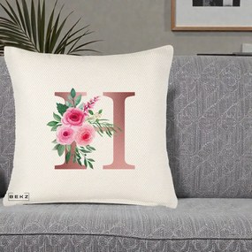Cadou Personalizat - Perna Personalizata Monograma Rose Gold Litera H, 40x40 cm, Crem Reliefat, Husa Detasabila, Perna Inclusa, BEKZ®