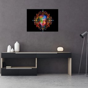 Tablou pe sticlă - Bustul lui Buddha în culori neon (70x50 cm)
