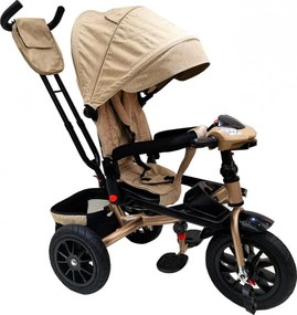 Tricicleta cu copertina NOVOKIDS Super Trike, Cu melodii si lumini, Roti din cauciuc, Pozitie somn, Scaun reversibil cu rotatie 360 grade, Crem
