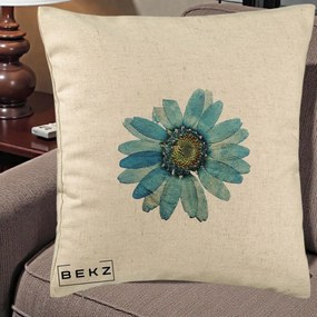 Perna Decorativa Floare Margareta Albastra Acuarela, 40x40 cm, Bej, Husa Detasabila, Perna Inclusa, BEKZ®
