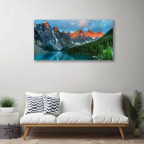 Tablou pe panza canvas Mountain Lake Forest Peisaj Albastru Verde Gri Galben