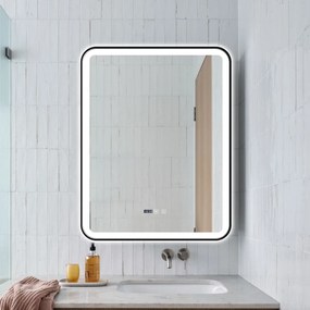 Oglindă Baie LED și Dezaburire Elit's Premium cu Senzor Touch, Lumina Rece, Caldă și Neutră, 70x90cm, cu rama Negru Antichizat, Ceas