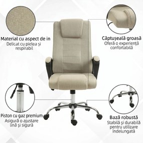 Vinsetto Scaun de Birou Ergonomic, Rotativ și Înclinabil, din Țesătură cu Aspect de In, cu Tetieră, Bej | Aosom Romania