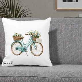 Perna Decorativa Bicicleta Teal cu Cosuri Duble de Flori Vintage, 40x40 cm, Alba Mata, Husa Detasabila, Perna Inclusa, BEKZ®