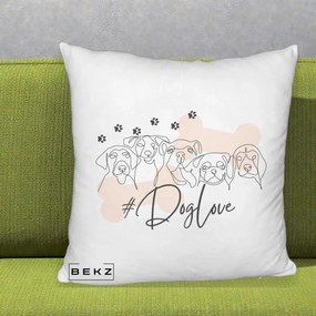 Perna Personalizata Dog Love Linie Minimalista, 40x40 cm, Alb Pufos, Husa Detasabila, Perna Inclusa, BEKZ®