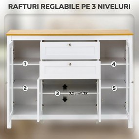 HOMCOM Comodă de Bucătărie, Mobilier de Bucătărie cu 2 Sertare, 3 Dulapuri, Blat de Lucru din Caucciuc, Bufet cu Uși din Sticlă, Rafturi Ajustabile, pentru Sufragerie, 120x40x90cm, Alb | Aosom Romania
