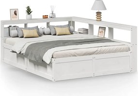 vidaXL Pat cu bibliotecă fără saltea, alb, 150x200 cm, lemn masiv pin